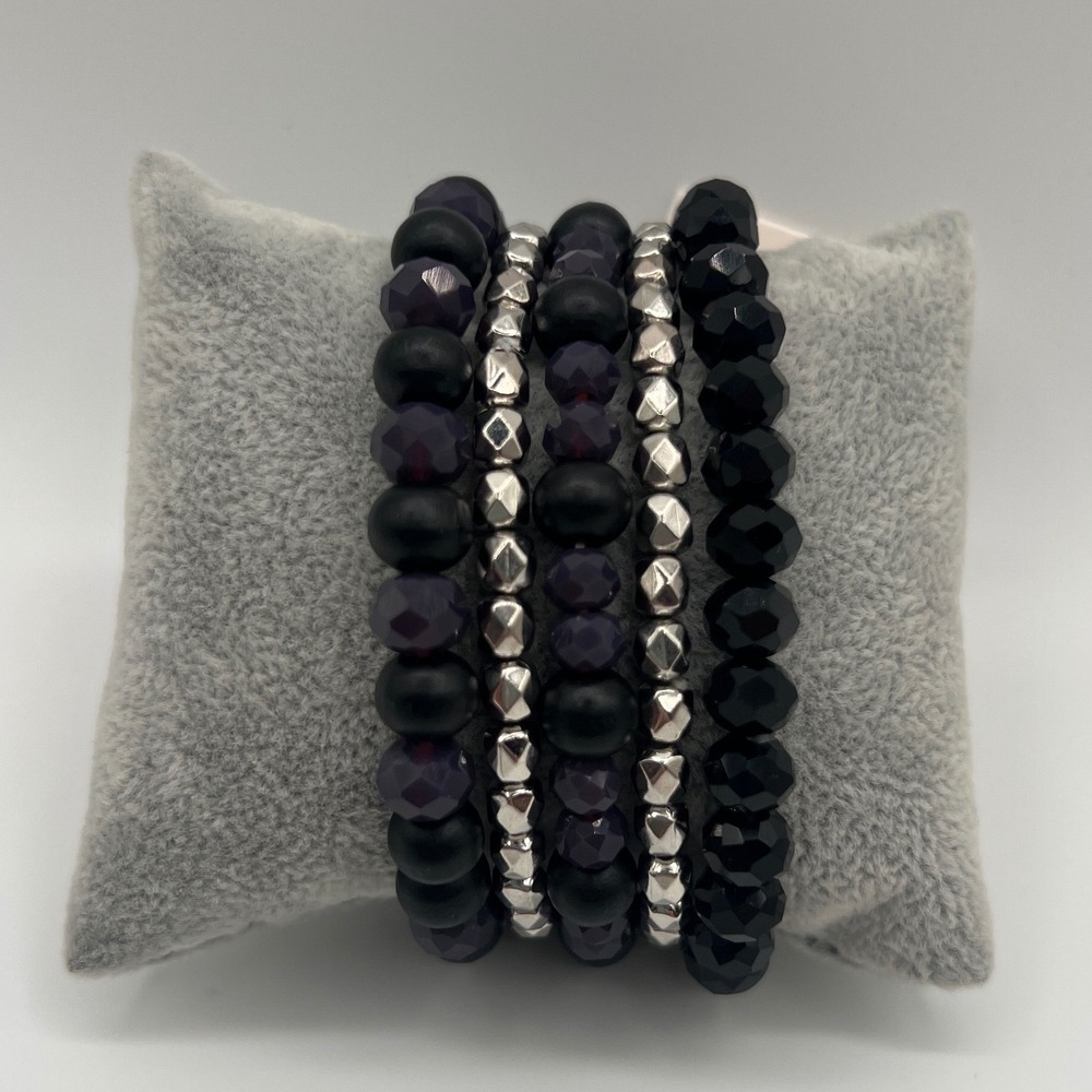 No. 3 Beaded Stretch Bracelet Set 5 Piece Black Purple Silver Tone Stackable